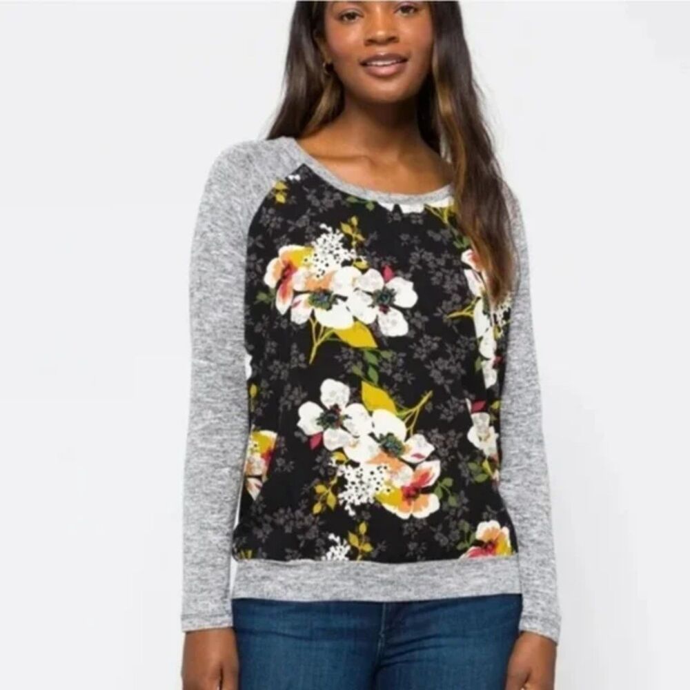 Kut From The Kloth Floral Knit Top Womens XXL Black Grey Mixed Media Long Sleeve